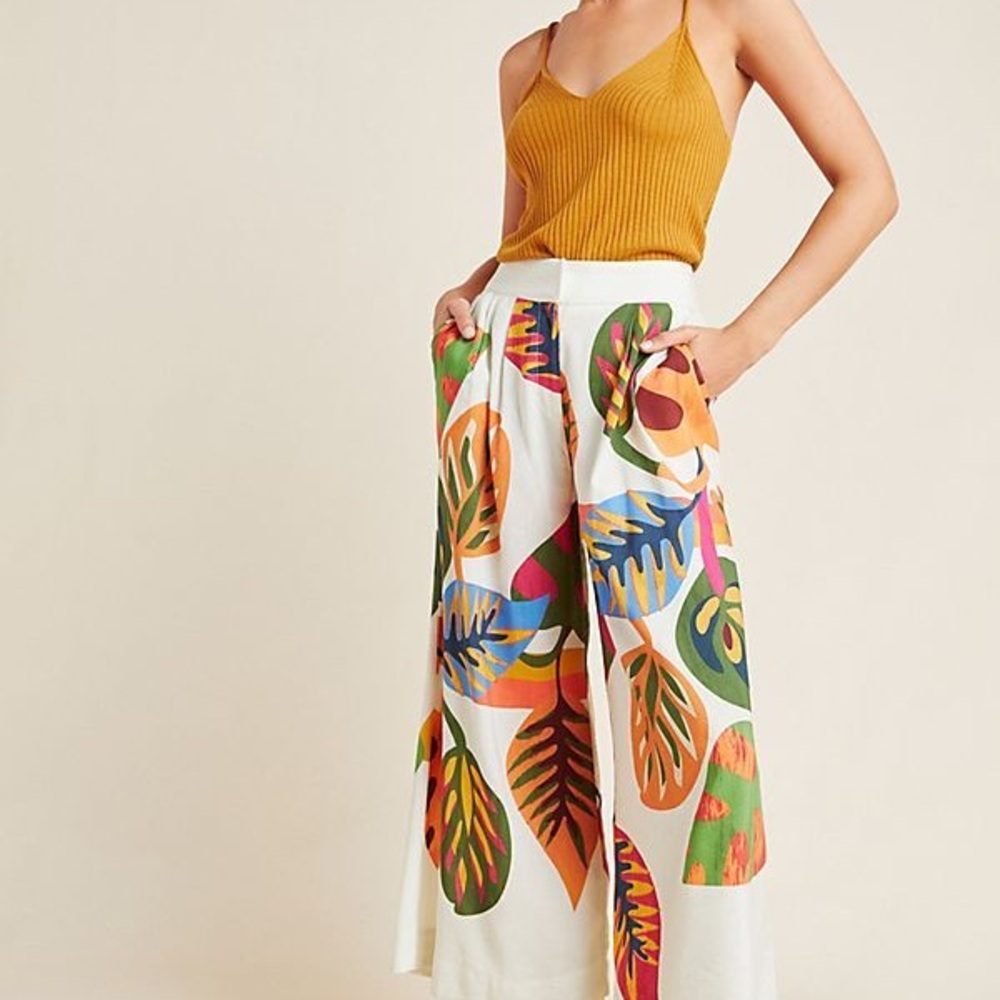 EUC Farm Rio Anthropologie Tropical Palm Leaf Wide Leg Pant